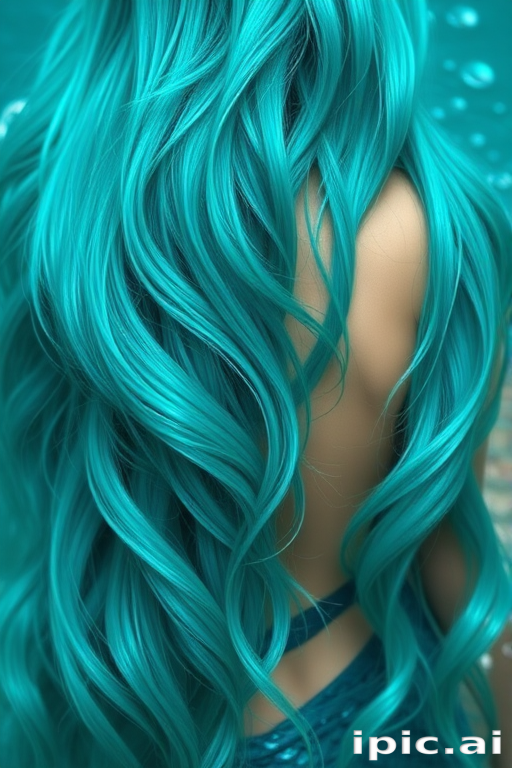 Vibrant teal mermaid waves cascade down her shoulders, shimmering with iridescent highlights, creating a mesmerizing oceanic effect that captivates onlookers with its ethereal beauty and depth.