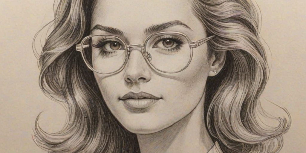 Attractive Eli Goree, pencil sketch, portrait of Dazzling woman 1970s in glasses, hair style beatnik, outline, clear lines, fine lines, 8k