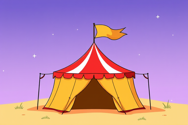 Create a colorful vector illustration of a tent with a flag, using a high-resolution setting, shot from a slightly elevated angle, with a clean and minimalistic style, utilizing a digital drawing tablet for precision.