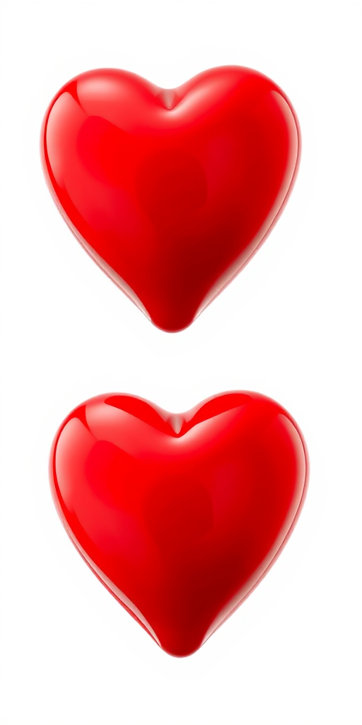 Generate an image of two glossy red hearts side by side against a transparent background using a DSLR camera with a 50mm lens, f/2.8 aperture, ISO 100, and natural lighting for enhanced clarity and detail.