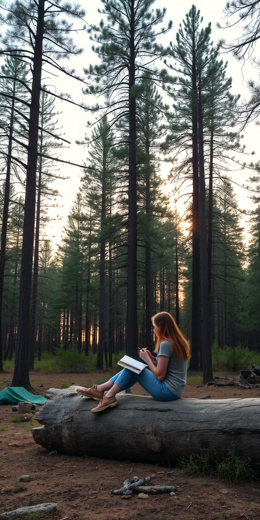 Serene forest clearing at dusk, with tall pine trees surrounding the area, a woman sits on a large fallen log, sketching in her notebook as the last rays of sunlight filter through the branches.