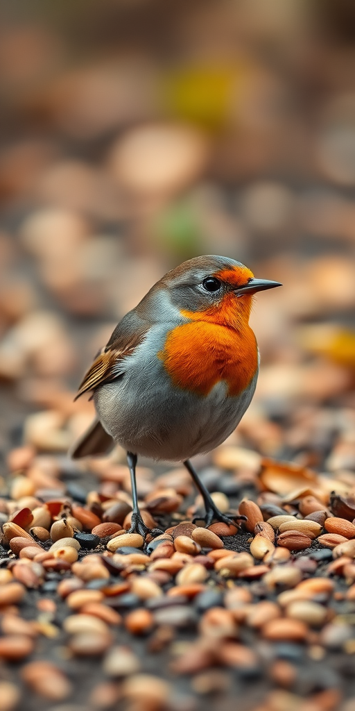 regenerate the image of a robin standing on the ground surrounded by seeds, using a DSLR camera with a 50mm lens, aperture set to f/2.8 for a shallow depth of field, ISO 200 for clear image quality, natural lighting for vivid colors, and capturing from a low angle for an engaging perspective