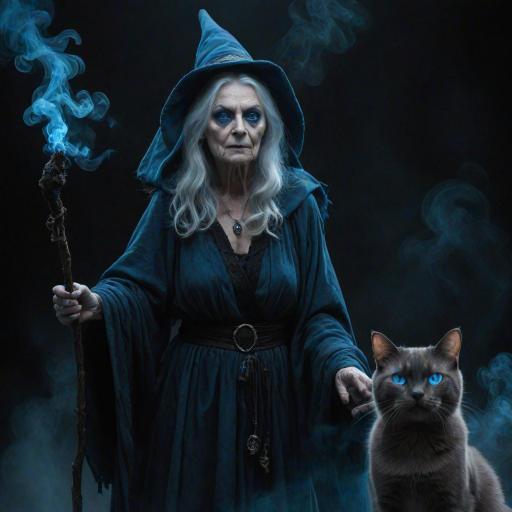 Close-up of a mysterious old crone female witch and her cat made of blue smoke are standing in the dark cackling evilly at the viewer. The smoke is a deep blue, and the background is black. The crone is wearing a long, flowing robe and has a pointed hat on her head. She is holding a staff in one hand and has a mischievous look on her face. The cat is sitting at her feet, looking up at her with glowing blue eyes. The smoke around them is swirling and shifting, as if it has a life of its own. The overall effect is eerie and magical.