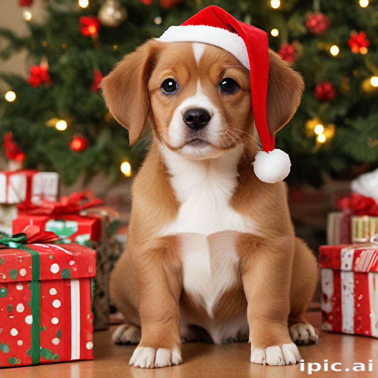 Adorable Puppy in Santa Hat Surrounded by Christmas Gifts and Decorations