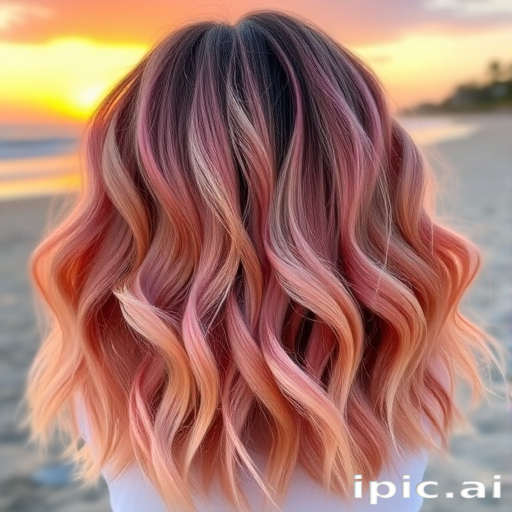 Sunset ombre melts from warm oranges to soft pinks, styled in beachy waves with sun-kissed highlights, capturing the essence of a perfect summer evening
