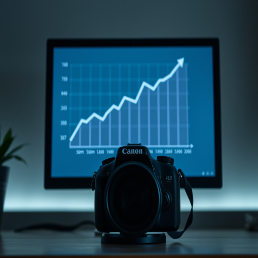 Create a high-resolution image of a computer monitor displaying a graph with an upward trend, using a DSLR camera with a 50mm lens, aperture set to f/2.8, ISO 200, shot from a frontal view with soft diffused lighting.