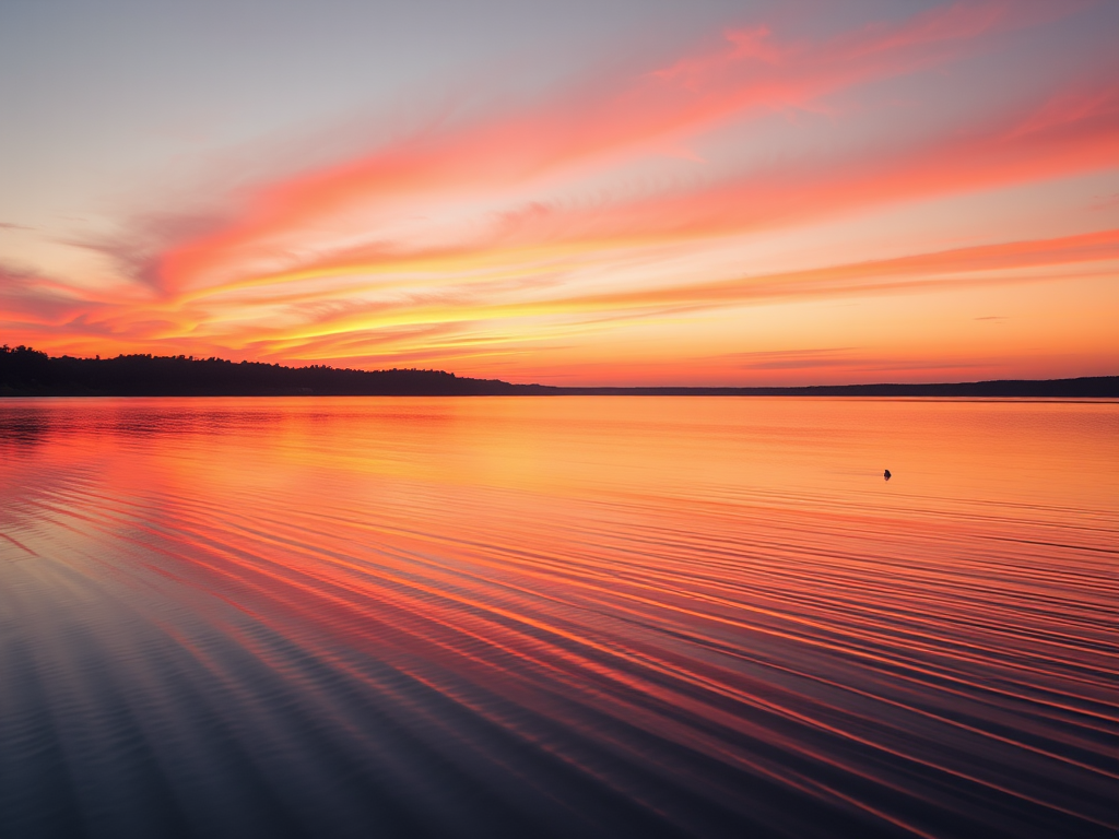 Create a high-resolution image of a serene sunset over a calm lake, with vibrant orange and pink hues reflecting on the water, using a Canon EOS R5 camera, 24mm lens, f/8 aperture, ISO 100, and a long exposure of 10 seconds to capture smooth water texture.