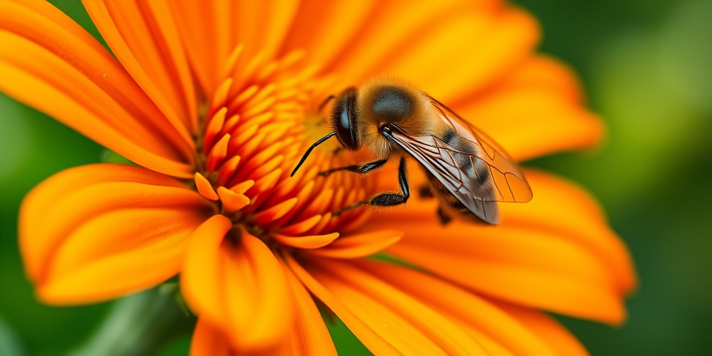 Close-up macro photograph of a bee on a vibrant orange marigold flower with a blurred green background, using a Canon EOS 5D Mark IV, 100mm f/2.8L macro lens, aperture f/5.6, shutter speed 1/200s, ISO 100, natural lighting for enhanced detail and vivid colors.