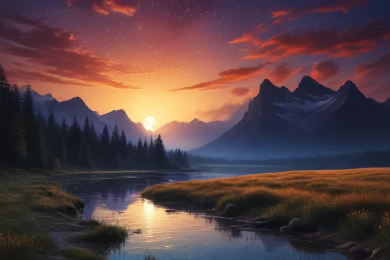 Serene Sunset Over Majestic Mountains and Reflective Tranquil River