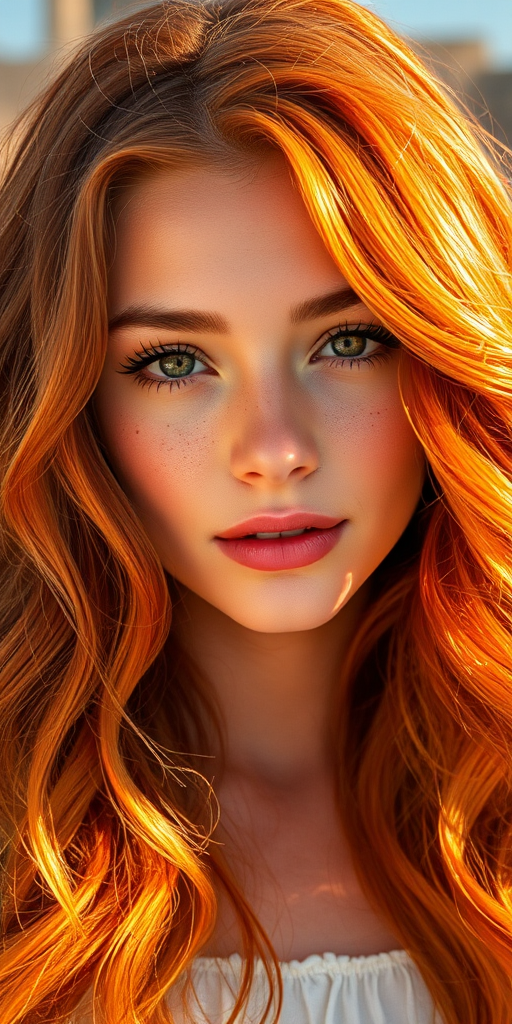 Radiant copper waves cascade down her shoulders, framing a delicate face with sun-kissed freckles, the "Autumn Sunset" style exuding warmth and vibrancy