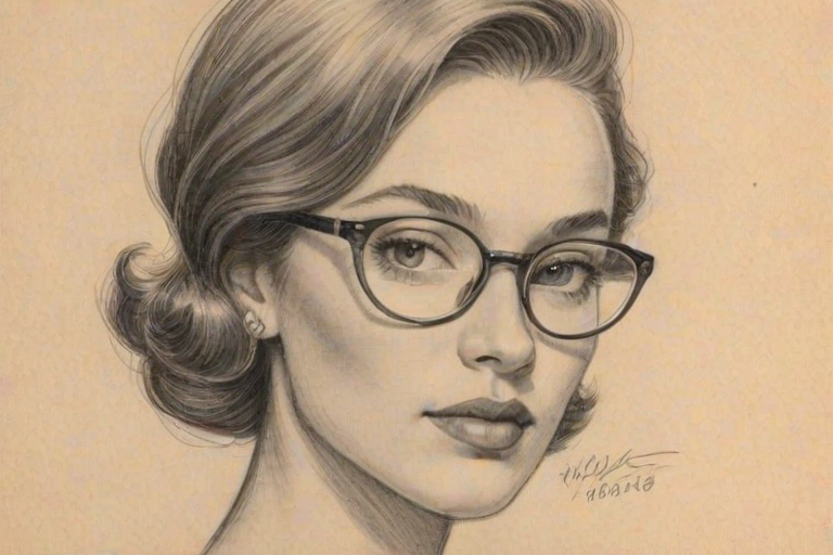 Delightful Ashley Moore, pencil sketch, portrait of Enchanting woman 1933s in glasses, hair style beatnik, outline, clear lines, fine lines, 8k