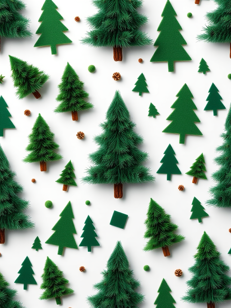 create a seamless pattern of various green Christmas trees and geometric tree shapes on a white background captured with a DSLR camera at f/8 aperture, 1/250 sec shutter speed, ISO 200, top-down view, vibrant colors, high resolution