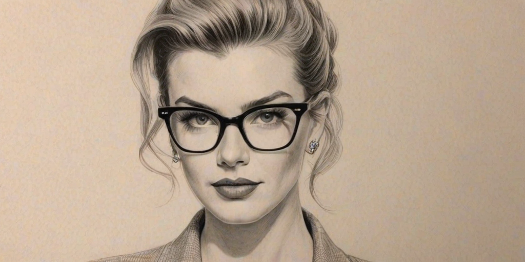 Gorgeous Betty Gilpin, pencil sketch, portrait of Beauteous woman 1957s in glasses, hair style beatnik, outline, clear lines, fine lines, 8k