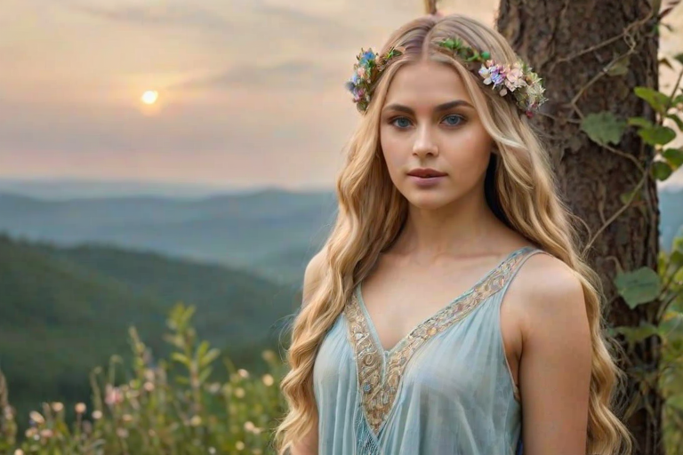 Create an image of a young Indian woman with long, wavy blonde hair, adorned with small, colorful flowers woven into her braids and loose strands. Her complexion is fair, with soft, glowing skin, and she has light blue eyes that gaze softly at the viewer. She wears a light, flowing dress with a gentle, ethereal quality, complementing her delicate and serene appearance. The background is slightly blurred, drawing focus to her tranquil expression and the intricate details of the flowers in her hair. The overall mood of the image is one of natural beauty and grace, evoking a sense of peacefulness and connection with nature.