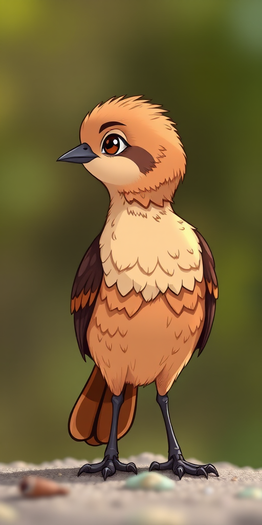 Create a high-resolution illustration of a cartoon bird standing in profile, showcasing a mix of brown tones with detailed feather patterns, using a DSLR camera with a 50mm lens, aperture set to f/2.8, ISO 100, and a soft focus background to enhance image quality.