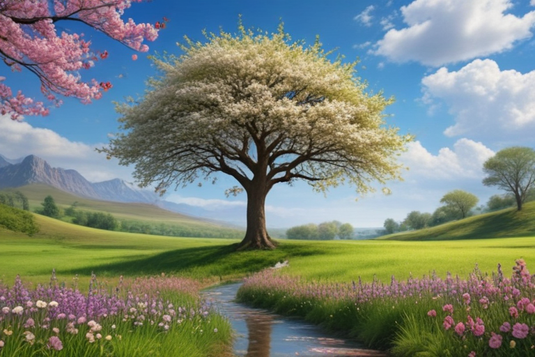 A Serene Landscape Featuring a Majestic Tree Surrounded by Colorful ...