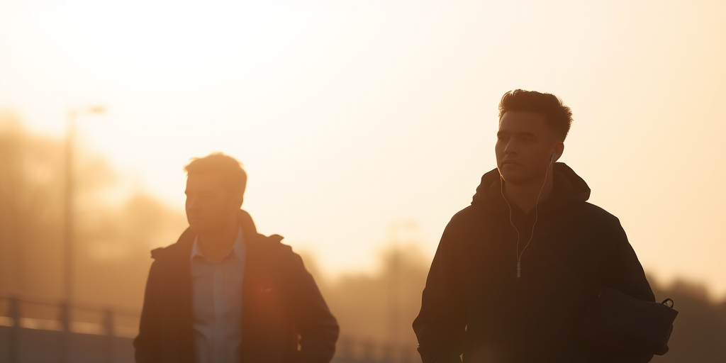 Regenerate an image of three silhouetted figures walking with earphones, capture in high-resolution with a DSLR camera, 50mm lens, f/1.8 aperture, ISO 200, natural lighting, with a soft focus background to enhance foreground clarity and detail.