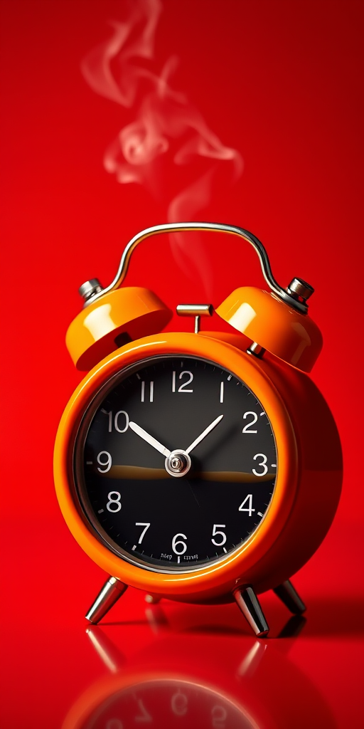 Create a high-resolution digital illustration of a retro orange alarm clock filled with steaming black coffee, set against a vibrant red background, using a Canon EOS R5 with a 50mm f/1.2 lens, aperture set to f/2.8, ISO 100, and a shallow depth of field to enhance image quality and focus on the coffee detail.