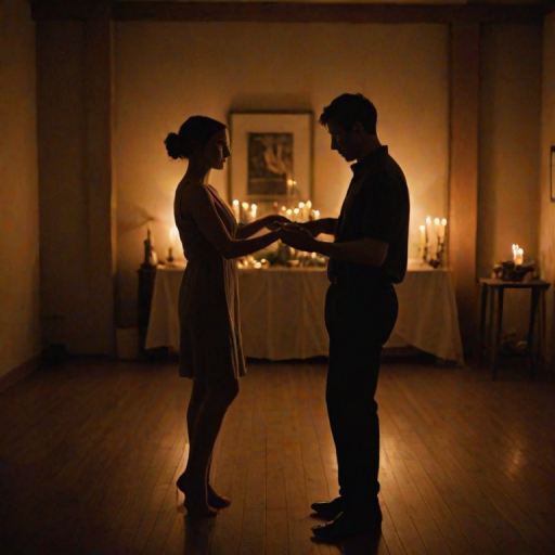 Warm, intimate photo of a couple dancing in a dimly lit room, soft light from a nearby lamp casting warm shadows on the walls, their hands intertwined, the smell of candles and the distant sound of soft music filling the air, a sense of romance and closeness captured.