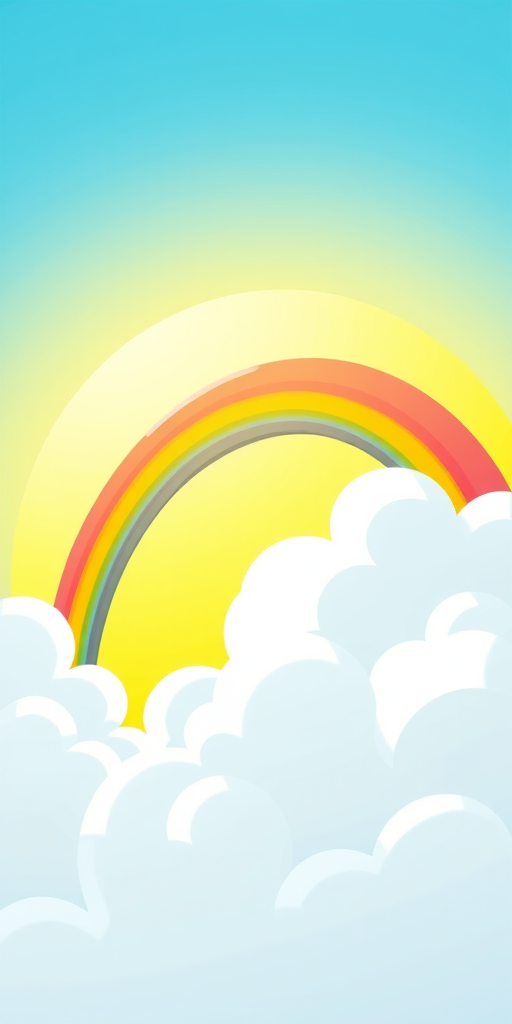 Create a vibrant cartoon-style image featuring a bright yellow background with a rainbow arching from the left side, surrounded by fluffy white clouds, using a Canon EOS R5 camera, 50mm lens, f/1.8 aperture, ISO 100, and a soft, diffused lighting effect for enhanced color depth and clarity.
