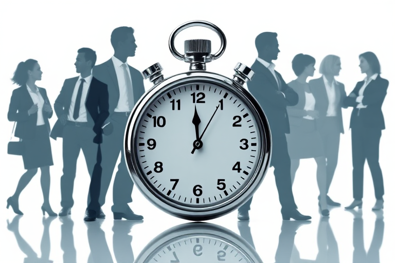 Regenerate an image of a stopwatch surrounded by an abstract design, featuring silhouettes of diverse business people in professional attire, with a clean background, shot in high resolution with a DSLR camera, aperture set to f/2.8, ISO 100, and a focal length of 50mm, using a wide-angle perspective for depth.