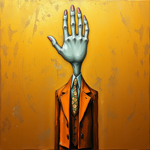 A quirky abstract impressionist painting of a tall, slender figure with a big hand for a head . The hand takes up most of the "head" area. The figure is dressed in a orange suit with a mother-of-pearly tie. It stands against a mottled golden background.  Surrealist, realistic textures, , creative, Klimt, diswashed, Aging effects, grainy