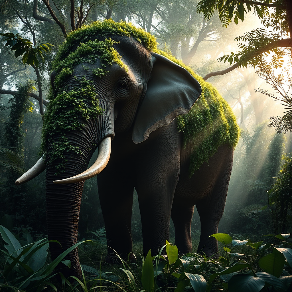 Regenerate an image of a giant elephant covered in lush greenery standing in a dense jungle, with sunlight filtering through the trees creating a mystical atmosphere, use a high-resolution DSLR camera, set ISO to 200, aperture at f/4, shutter speed 1/125s, with a wide-angle lens for an immersive view.