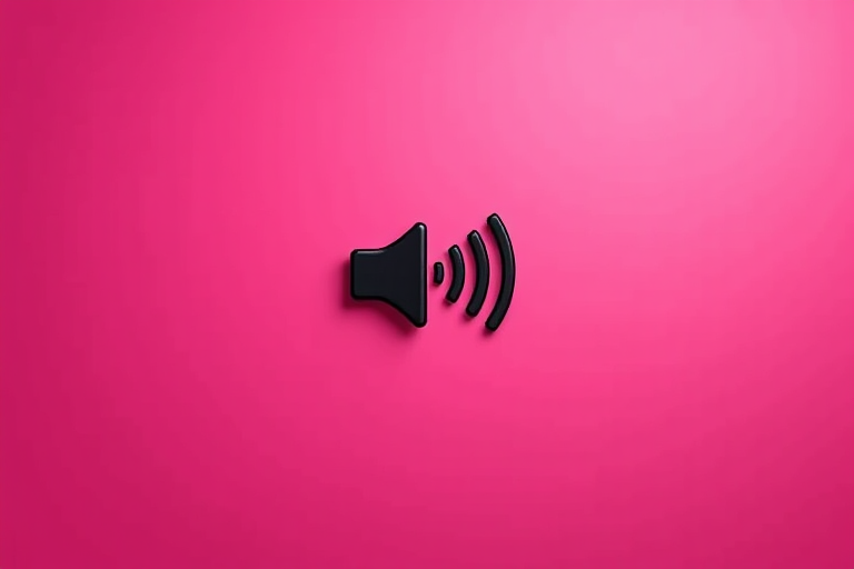 generate an image of a black speaker icon with sound waves on a vibrant pink background, focus on high contrast and sharp edges, use a DSLR camera, aperture f/4, ISO 100, 50mm lens, shot from a straight-on view, with soft lighting to enhance shadows and depth