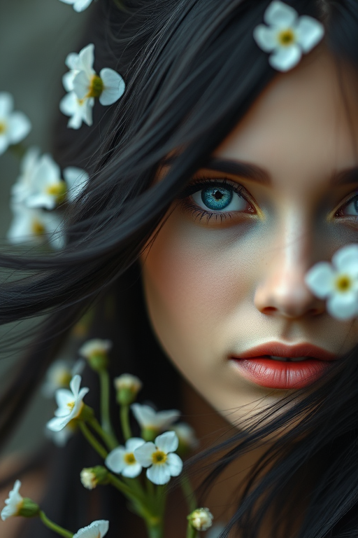 Create a close-up portrait of a young woman with luminous blue eyes and flowing black hair, adorned with delicate flowers, in a mystical setting, using a Canon EOS 5D Mark IV with a 50mm f/1.2 lens, aperture set to f/1.2, ISO 100, and a soft focus style for an ethereal effect.