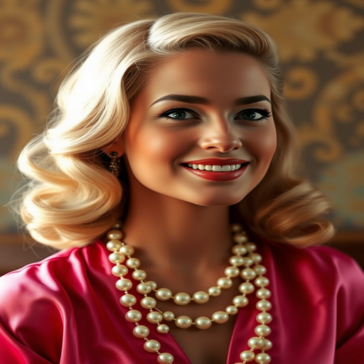 A beautiful Inca woman reminiscent of 1950s Hollywood glamour, with perfectly styled blonde hair and a seductive smile, dressed in a satin blouse and adorned with pearls, soft and warm tones, photorealistic, 8K