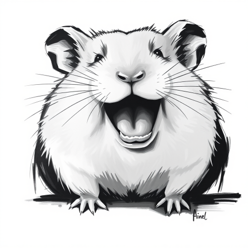 Abstract black and white acrylic portrait of an over exaggerated laughing (hamster). Minimalism style. White background.