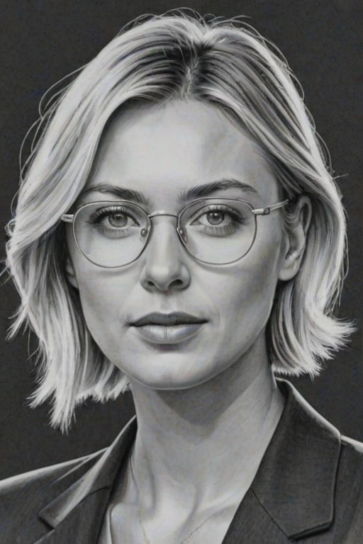 Ravishing Maria Sharapova, pencil sketch, portrait of Fascinating woman 1977s in glasses, hair style beatnik, outline, clear lines, fine lines, 8k