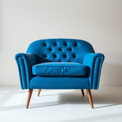 A stylish blue tufted armchair positioned centrally on a neutral background, captured with a 50mm lens, aperture of f/2.8, ISO 100, in soft natural light, using a DSLR camera in portrait mode.