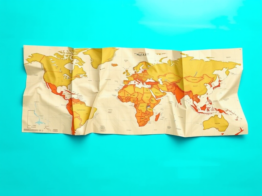 Create a high-quality digital illustration of an unfolded map with a bright turquoise color, using a DSLR camera with a 35mm lens, aperture f/2.8, ISO 100, in a flat lay view, focusing on the textures and details of the map.