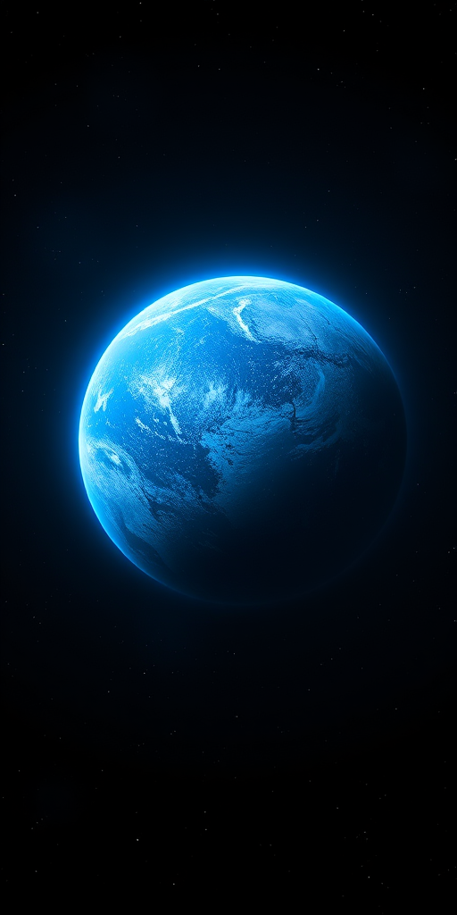 A highly detailed digital illustration of a glowing blue planet with a textured surface, surrounded by stars in the black void of space, using a DSLR camera with a 50mm lens, f/2.8 aperture, ISO 100, and a long exposure of 10 seconds for enhanced clarity and depth.