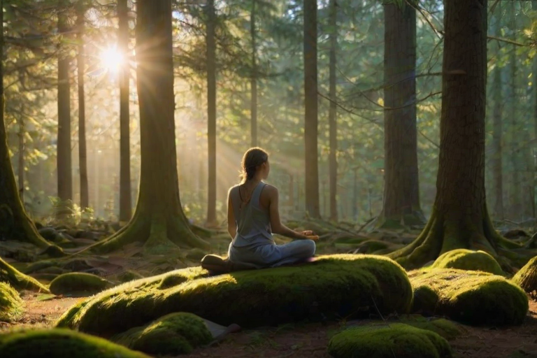 Serene forest clearing at dawn, sunlight streaming through the trees, a woman sits on a moss-covered rock, meditating as birds sing in the canopy above.