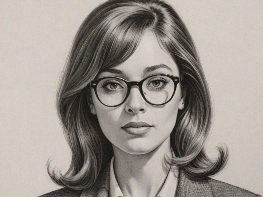 Stunning Jaleel White, pencil sketch, portrait of Fascinating woman 1960s in glasses, hair style beatnik, outline, clear lines, fine lines, 8k