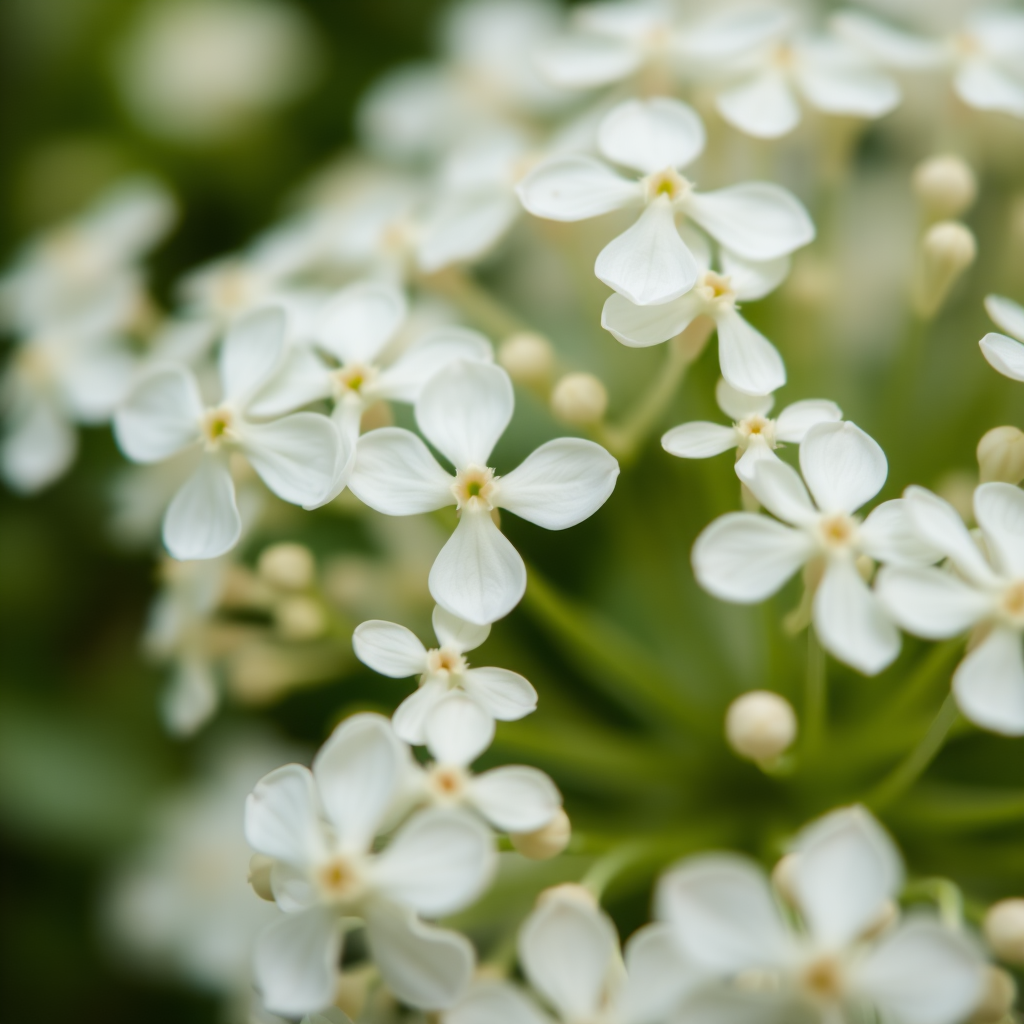 Close-up shot of delicate white flowers with lush green background, macro photography, 50mm lens, aperture f/2.8, 1/200s shutter speed, ISO 100, shallow depth of field, DSLR camera.