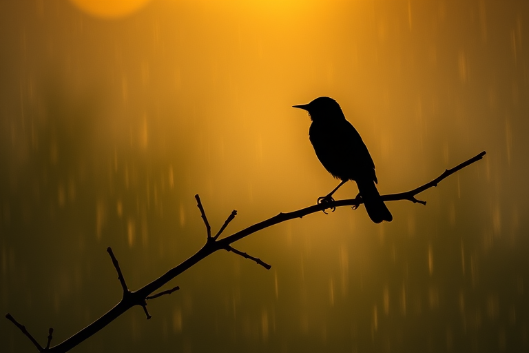 Capture a silhouette of a bird perched on a branch during a soft rain, using a DSLR camera with a 70-200mm lens, aperture f/4, shutter speed 1/500s, ISO 200, shot at golden hour with a shallow depth of field for a dreamy effect.