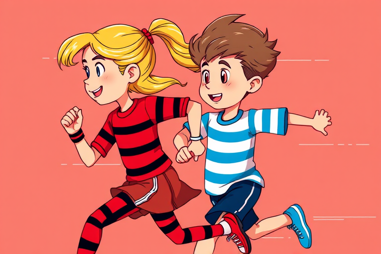 Create a vibrant illustration of a boy and girl running side by side, the girl in red and black stripes with blonde hair, and the boy in blue and white stripes, motion captured in a dynamic way, using a digital illustration style with high contrast colors, focus on clarity and detail, shot with a high-resolution digital camera at f/2.8, ISO 100, and a wide-angle lens for an engaging perspective.