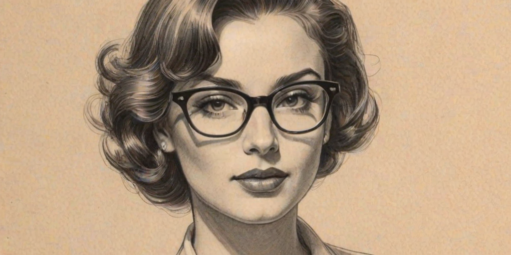 Resplendent Madison Bailey, pencil sketch, portrait of Stunning woman 1951s in glasses, hair style beatnik, outline, clear lines, fine lines, 8k