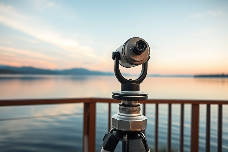 scenic view of a tranquil lakeside at dawn with a viewpoint telescope on a wooden railing, soft pastel colors in the sky, shallow depth of field, camera settings: f/2.8, ISO 100, shutter speed 1/60s, camera view: focal length 50mm, camera style: landscape photography, camera type: DSLR