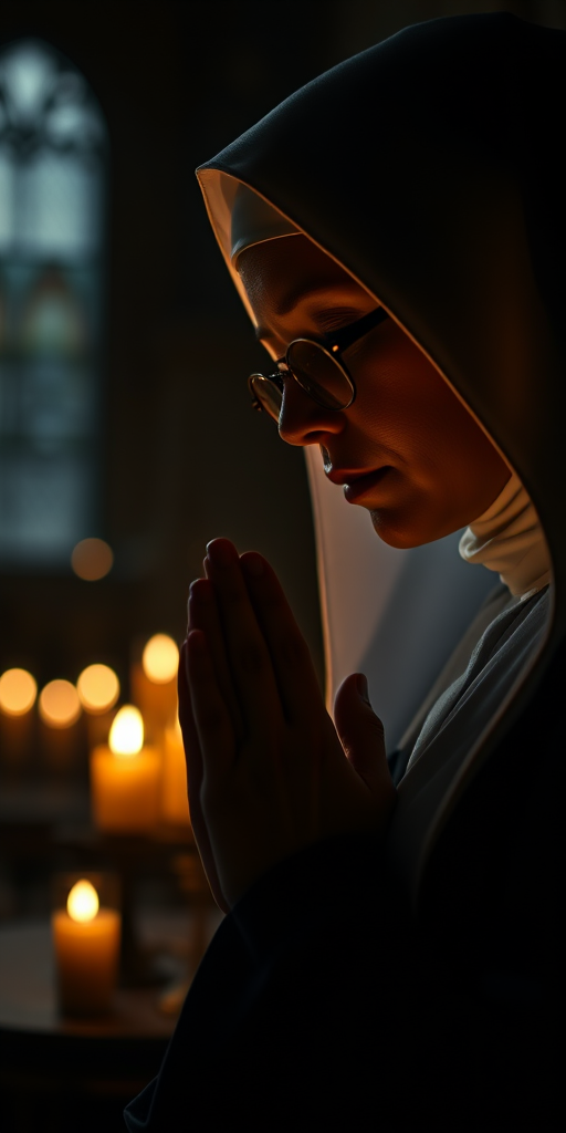 Regenerate a dark, atmospheric image of a nun praying with a candlelit background, using a DSLR camera at f/1.8, ISO 100, 50mm lens, shot at a low angle with soft focus to enhance depth and detail.