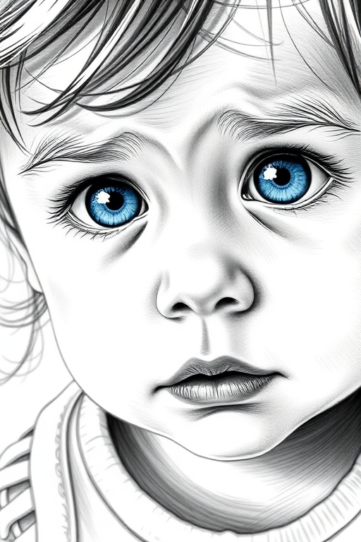A hyperdetailed photorealistic black and white sketch of a beautiful toddler with deep blue eyes, with a macro focus