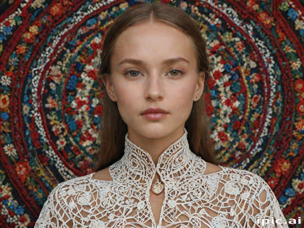 Face, shoulders, chest covered in openwork Ukrainian embroidery. Raw, unedited image.