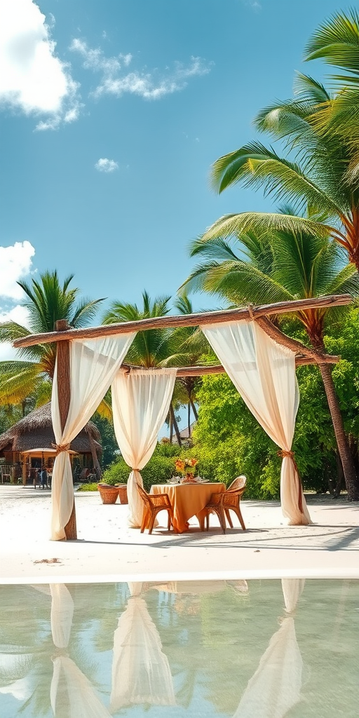 Create a picturesque tropical beach scene featuring a serene, white sandy shore. In the foreground, there's a rustic wooden canopy with white drapes gently flowing in the breeze. Underneath the canopy, a table is set with tropical decor, evoking a sense of relaxation and leisure. The beach extends into a calm, shallow water area with reflections of the sky and surroundings. Palm trees and lush greenery line the edge of the beach, providing a natural, tropical backdrop. The sky is clear with a few scattered clouds, and the overall atmosphere is tranquil and inviting, perfect for a peaceful retreat.