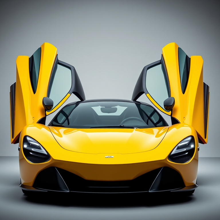 Regenerate an image of a sleek yellow sports car with doors open at a 45-degree angle, shot with a Canon EOS R5, 50mm f/1.2 lens, aperture at f/4, ISO 100, in a studio setting with softbox lighting for even illumination and vibrant colors.