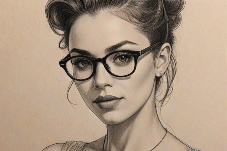 Gorgeous Danielle Peazer, pencil sketch, portrait of Enticing woman 1925s in glasses, hair style beatnik, outline, clear lines, fine lines, 8k