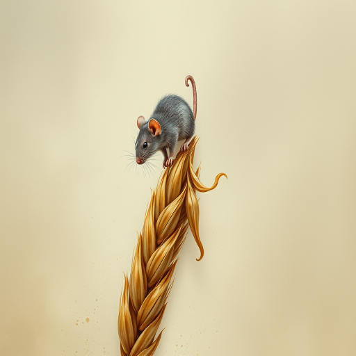 Soft, muted Alcohol Ink with ebru effect background image of tiny whimsical rat, who climbed high on the top of a golden rye ear.