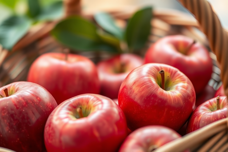 high-quality close-up of fresh red apples in a woven basket, natural light, aperture f/2.8, ISO 100, 50mm lens, shallow depth of field, DSLR camera